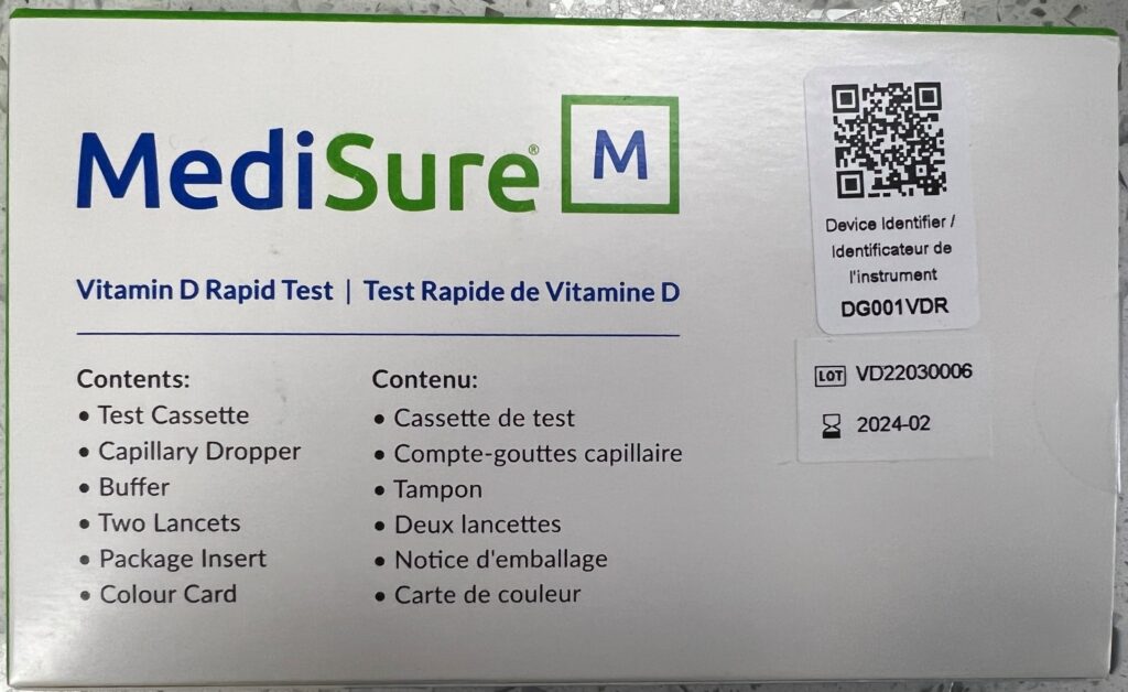 The test kit contents of MediSure Vitamin D Rapid Test at Chaparral Pharmacy in Calgary.