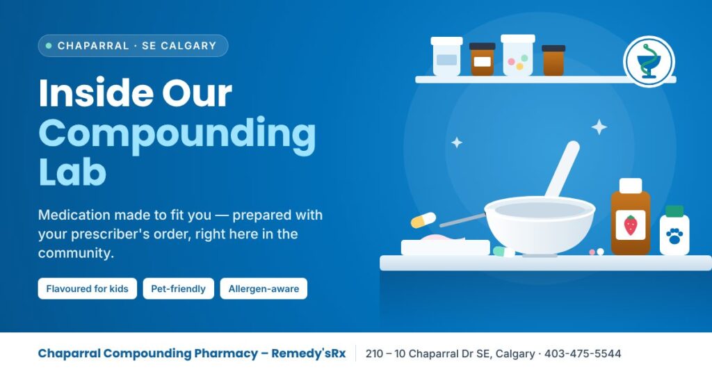 Inside Our Compounding Lab in Chaparral, SE Calgary 2 Illustration of the compounding lab at Chaparral Compounding Pharmacy – Remedy’sRx in Chaparral, SE Calgary, with mortar and pestle, flavoured medicine and pet-friendly medication