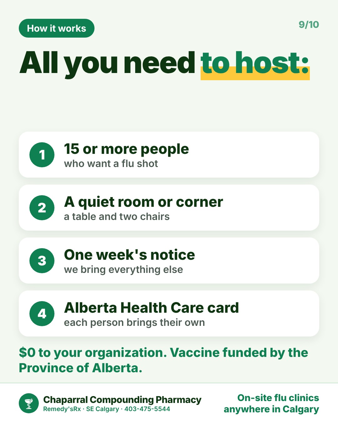 Workplace Flu Clinics in Calgary: We Bring the Flu Shot to Your Office, School or Site 3 What you need to host an on-site flu clinic in Calgary: 15 or more people, a quiet room, one week notice, Alberta Health Care card