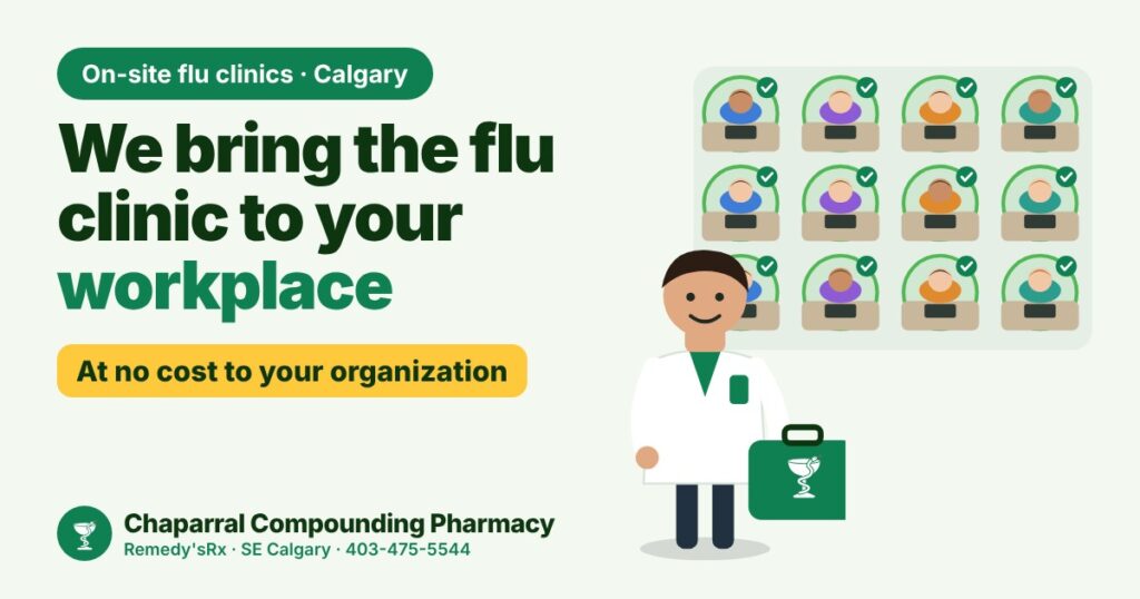 Workplace Flu Clinics in Calgary: We Bring the Flu Shot to Your Office, School or Site 2 Cartoon pharmacist with a Bowl of Hygieia kit bringing an on-site flu clinic to a Calgary workplace - Chaparral Compounding Pharmacy
