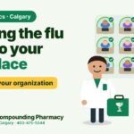 Cartoon pharmacist with a Bowl of Hygieia kit bringing an on-site flu clinic to a Calgary workplace - Chaparral Compounding Pharmacy